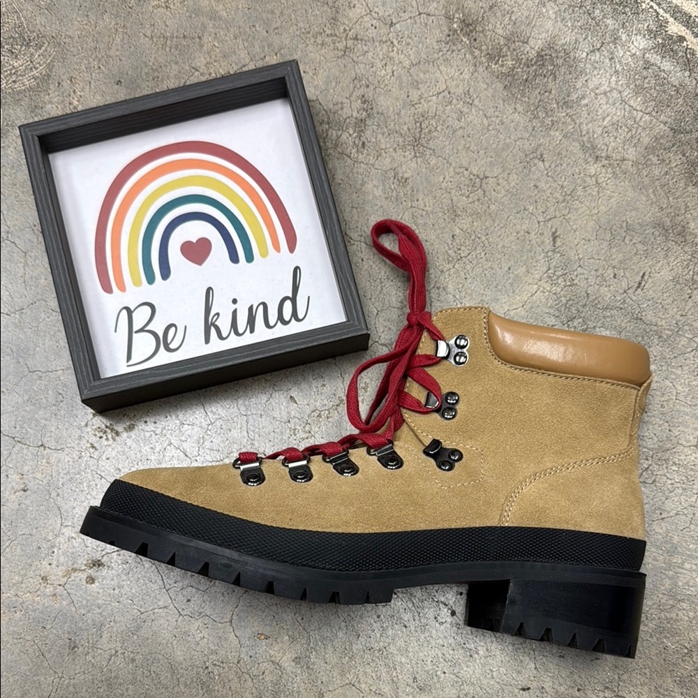 AEROSOLES Tan and Red Lace Up Boots with Chunky Sole